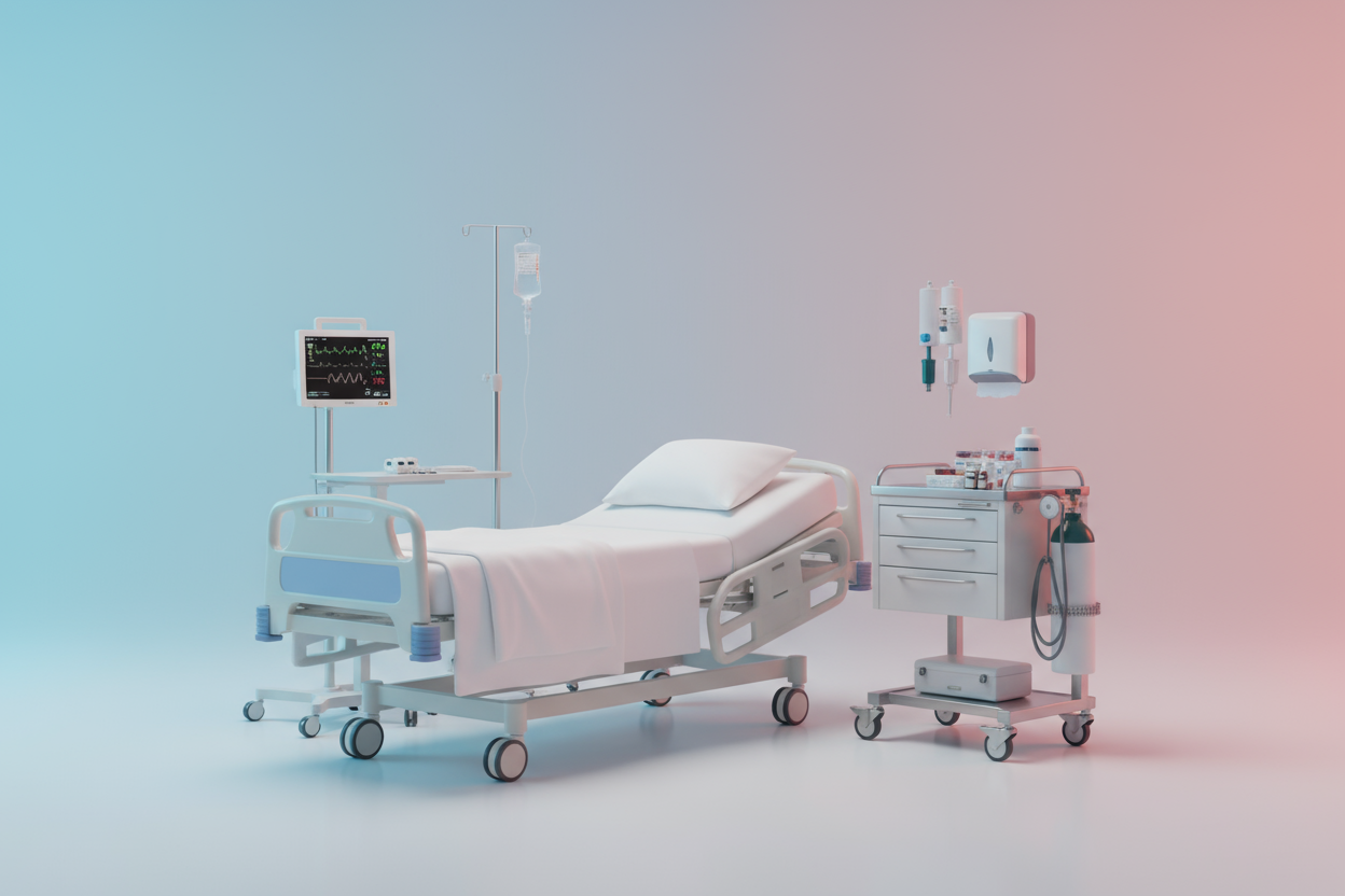 gera uma imagem com proporção de paisagem, com fundo gradiente entre azul e rosa, de uma sala clinica com cama hospitalar, monitor de sinais vitais e outros itens hospitalares