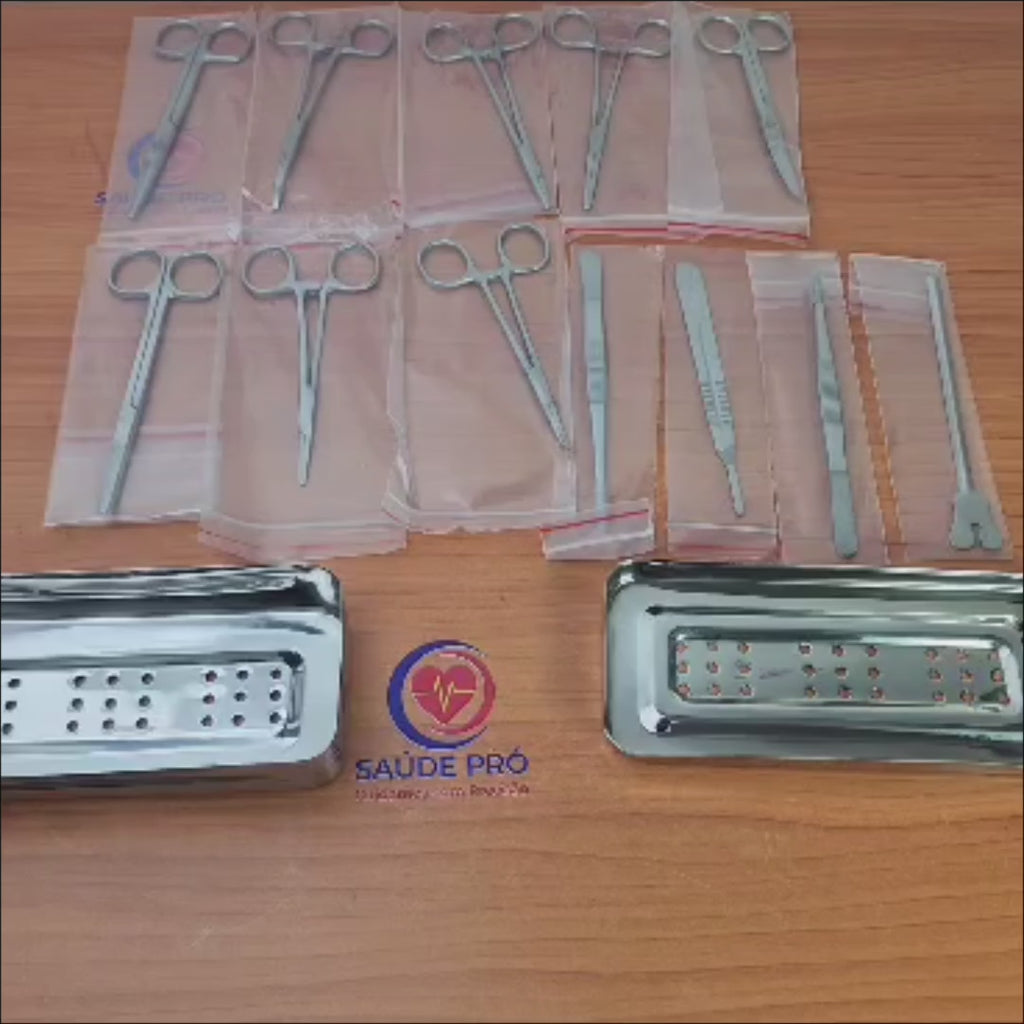Kit de Pequena Cirurgia 13 Peças em Aço Inoxidável com Caixa Perfurada 17x7x3cm
