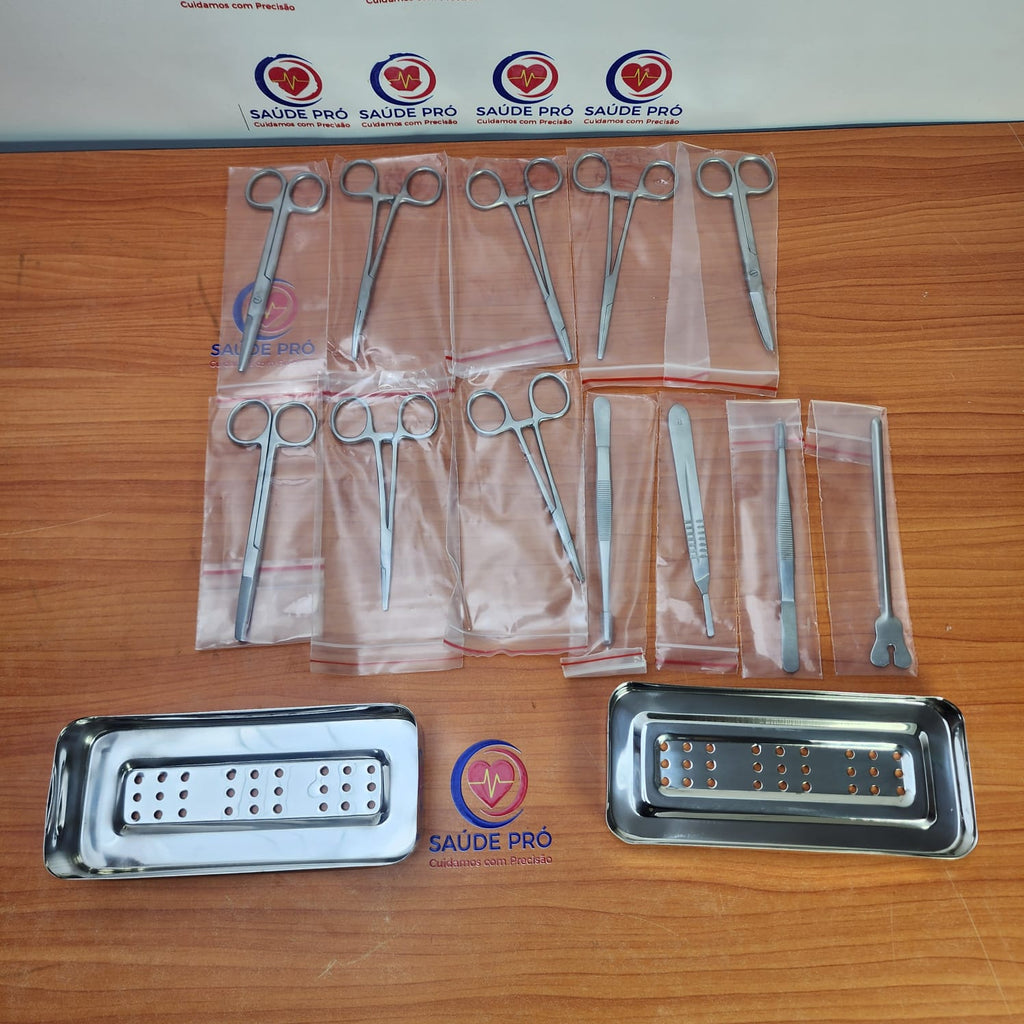 Kit de Pequena Cirurgia 13 Peças em Aço Inoxidável com Caixa Perfurada 17x7x3cm