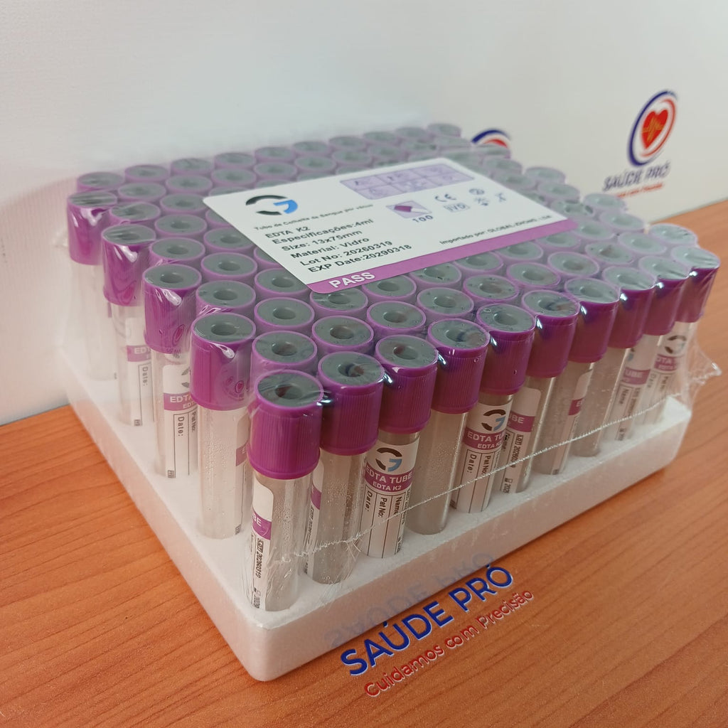 Tubo EDTA K2 4ml Tampa Lilás Vidro – Caixa 100un – Hemograma – CE IVD