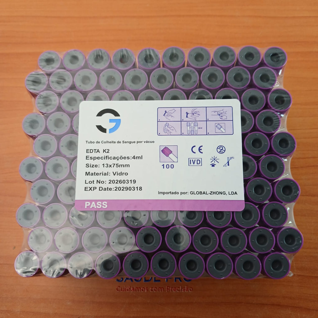 Tubo EDTA K2 4ml Tampa Lilás Vidro – Caixa 100un – Hemograma – CE IVD